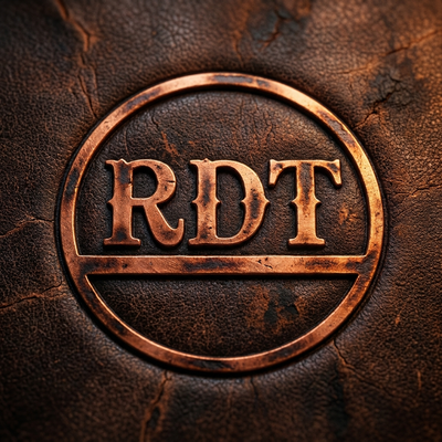 Red Dirt Technology copper RDT logo embossed on dark leather